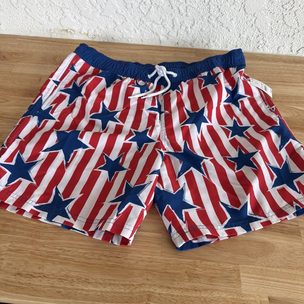 mad Engine Mens Star Print Striped Americana Swim Shorts Blue / Red M